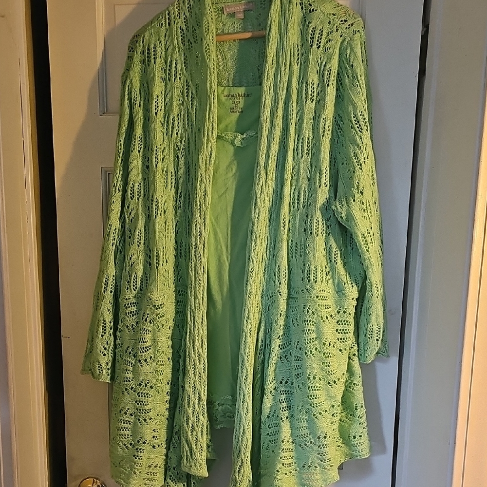 Woman Within Light Green Lace Cardigan